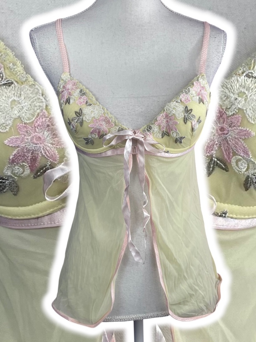 Floral Embroidered Mesh Chemise S Yellow Pink Ribbon Open Front Closure Bra Top